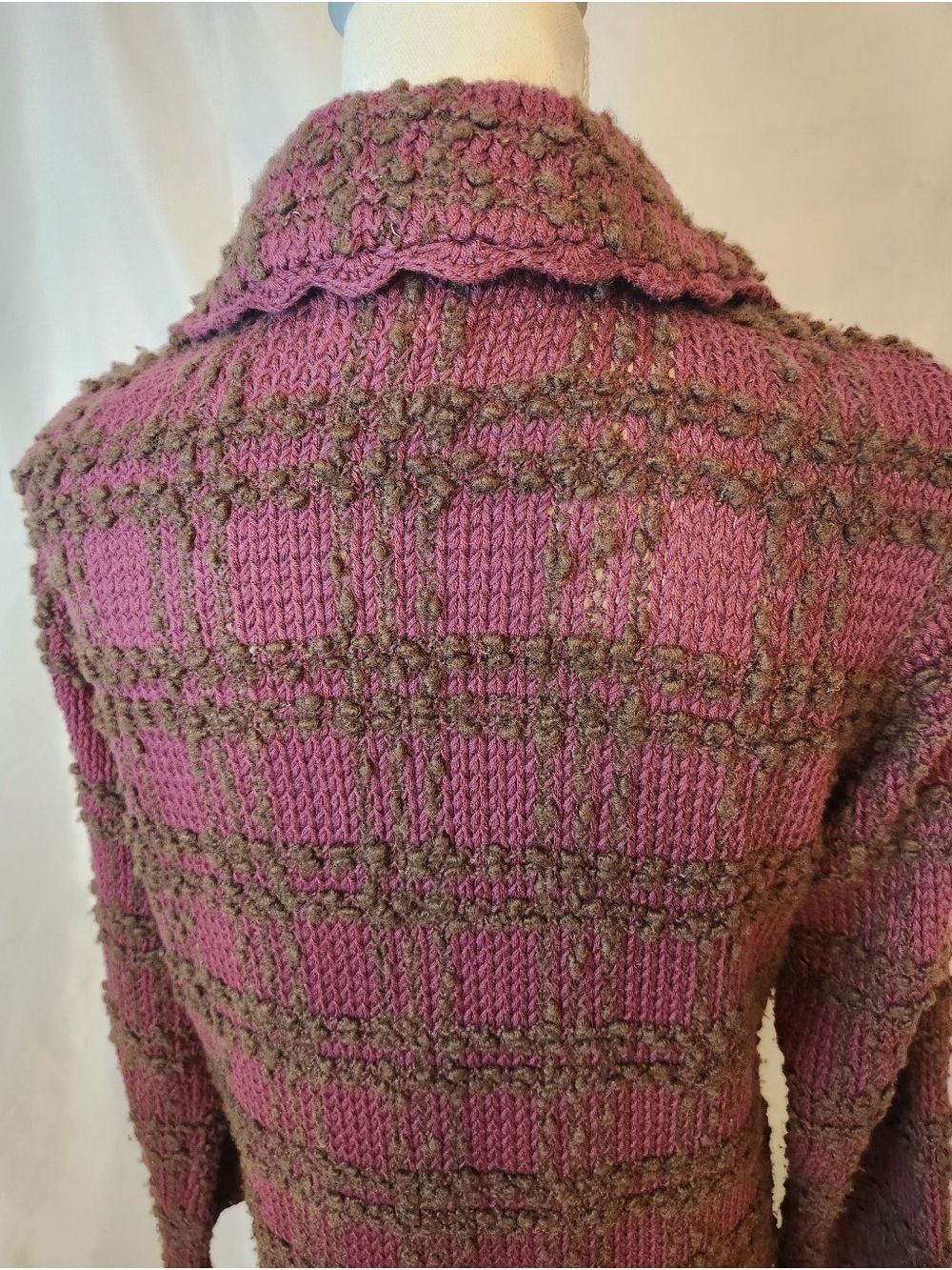 Vintage-Style Longline Knit Duster Cardigan - Plum & Brown Textured Empire Waist - Picture 10 of 15